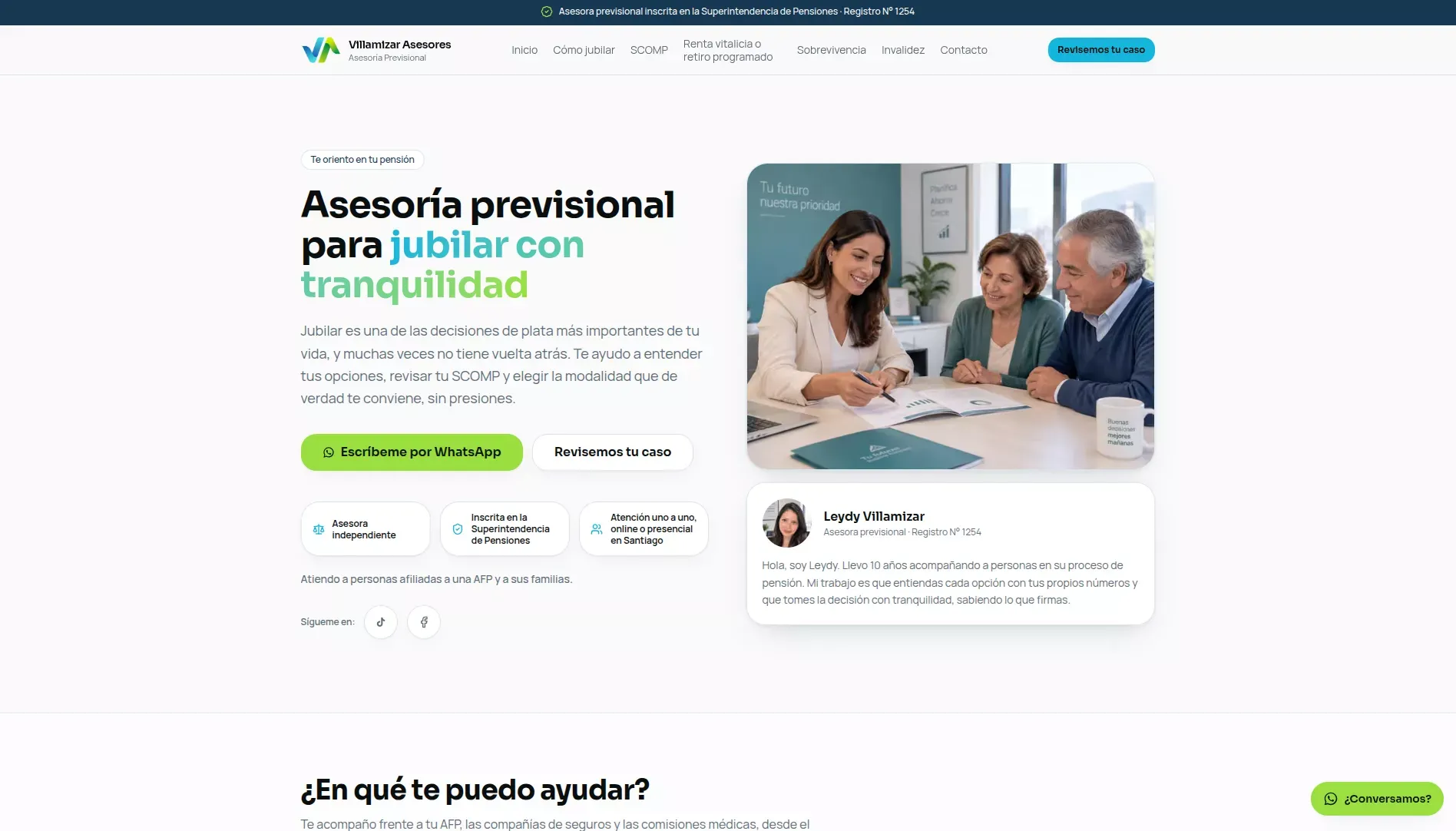 Captura de la página de inicio del sitio web profesional de Leydy Villamizar, desarrollado con Next.js